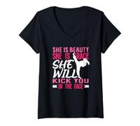 Women's Karate Girl Kick in The Face Beauty Grace Sayings Funny V-Neck T-Shirt