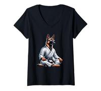 Womens Karate Malinois Sunglasses Dog Black Belt V-Neck T-Shirt