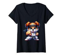 Womens Karate Puppy Fighter Black Belt Cute V-Neck T-Shirt