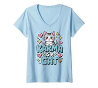 Women's Karma is A Cat Cute Kawaii Cat Meditation Yoga V-Neck T-Shirt