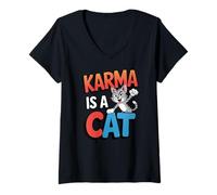 Women's Karma is A Cat Funny Cartoon Cat Meditation Yoga V-Neck T-Shirt