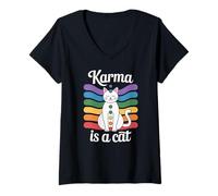 Women's Karma is A Cat Meditation Yoga White Cat V-Neck T-Shirt