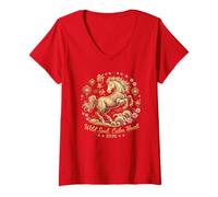 Womens Kawaii 2026 Crazy Horse Lady Wild Soul Calm Heart Fortune V-Neck T-Shirt