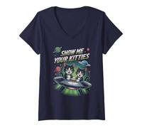Womens Kawaii Alien Show ME Your Kitties Cat Love Glerp Glorp Meme V-Neck T-Shirt