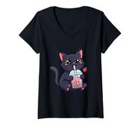 Womens Kawaii Anime Cat Graphic Japanese Neko with Boba Tea Gifts V-Neck T-Shirt