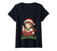 Womens Kawaii Anime Girl Santa Merry Christmas Otaku V-Neck T-Shirt
