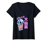 Women's Kawaii Anime Skeleton Bubble Tea Boba Tea V-Neck T-Shirt