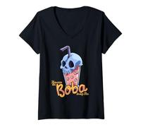 Women's Kawaii Anime Skeleton Head Bubble Tea Boba Tea V-Neck T-Shirt