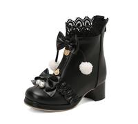 Women's Kawaii Ankle Boots - Lace Trim Bow Back Zip Short Boots Lolita Style Schoolgirl Dress Shoes (Black,9)