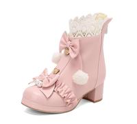 Women's Kawaii Ankle Boots - Lace Trim Bow Back Zip Short Boots Lolita Style Schoolgirl Dress Shoes (Pink,4.5)