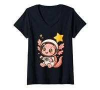 Womens Kawaii Astronaut Axolotl Cute Space Explorer Chibi Character V-Neck T-Shirt