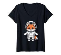 Women's Kawaii Astronaut Fox Space Galaxy Explorer V-Neck T-Shirt