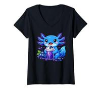 Women's Kawaii Axolotl Blueberry Smoothie V-Neck T-Shirt