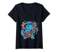 Womens Kawaii Axolotl Playing Electric Guitar Cute Rock Musician V-Neck T-Shirt