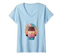 Women's Kawaii Bear Bubble Tea Boba Drink Sunset Clouds Aesthetic V-Neck T-Shirt