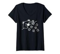 Women's Kawaii Bear Throwing Dices Geometry Polyhedral Line Art V-Neck T-Shirt
