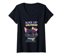 Womens Kawaii Black Cat Girlfriend Tee Funny Couple Gifts V-Neck T-Shirt