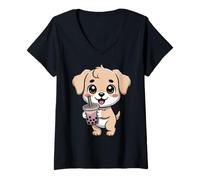Women's Kawaii Boba Tea Puppy Dog Bubble Tea Lover V-Neck T-Shirt