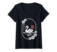 Womens Kawaii Boston City - Swan and Sakura - Japanese Aesthetic V-Neck T-Shirt