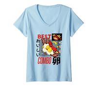 Womens Kawaii Breakfast Combo - Cute Egg, Bacon and Sausage Cartoon V-Neck T-Shirt