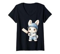 Women's Kawaii Bunny Builder Hard Hat Mallet Design V-Neck T-Shirt