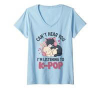 Womens Kawaii Bunny Cat Kpop Can't Hear You Listening to K Pop Girl V-Neck T-Shirt