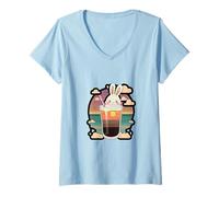 Women's Kawaii Bunny Sunset Drink Aesthetic Vaporwave Art V-Neck T-Shirt