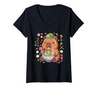 Women's Kawaii Capybara Eating Ramen Noodles Cute Anime Turtle Japan V-Neck T-Shirt