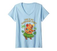 Womens Kawaii Capybara Hula Dancing Tropical Hawaiian Aloha V-Neck T-Shirt