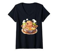 Women's Kawaii Capybara in Hot Pot V-Neck T-Shirt