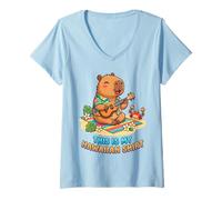 Womens Kawaii Capybara Playing Ukulele Hawaiian Aloha Tropical V-Neck T-Shirt