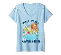 Womens Kawaii Capybara Spa Pool Hawaiian Tropical Fruit Bath Aloha V-Neck T-Shirt