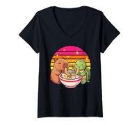 Women's Kawaii Capybara Turtle Ramen Noodle Soup Retro Sunset V-Neck T-Shirt