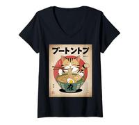 Womens Kawaii Cat Eating Noodles Japanese Anime Cat Ramen V-Neck T-Shirt
