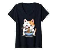 Womens Kawaii Cat Eating Ramen Cartoon Anime Food Japan Lover V-Neck T-Shirt