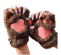 Women's Kawaii Cat Gloves - Plush Cute Cartoon Thick Fleece Bear's Cosplay Fingerless Arm Warmers - Winter Warm Half Finger (Brown, One Size)
