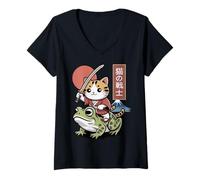 Women's Kawaii Cat Riding Frog Japanese Art Anime Toad Samurai Cat V-Neck T-Shirt