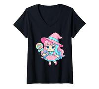 Womens Kawaii Chibi Witch Candy Spooky Halloween Witchy V-Neck T-Shirt