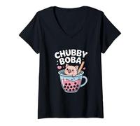 Womens Kawaii Chubby Boba Pig V-Neck T-Shirt