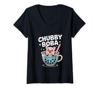 Womens Kawaii Chubby Boba Pig V-Neck T-Shirt