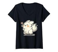 Women's Kawaii Chubby Bunny with Fluffy Tail Cute Heart V-Neck T-Shirt