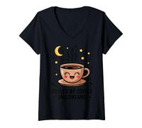 Women's Kawaii Coffee Cup Moon Star Cute Latte Espresso Night Owl V-Neck T-Shirt
