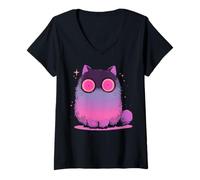 Womens Kawaii Creepy Cute Cat in Soft Grunge Pastel Goth Style Cat V-Neck T-Shirt