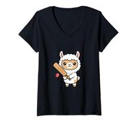 Women's Kawaii Cricket Llama Alpaca Cartoon Player V-Neck T-Shirt