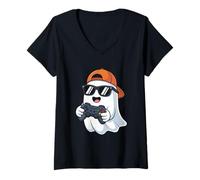 Womens Kawaii Cute Boo Playing Video Game Halloween Gamer V-Neck T-Shirt