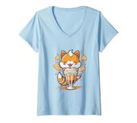 Women's Kawaii Cute Happy Fox Drinking Milkshake Lover Animal V-Neck T-Shirt