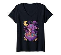Womens Kawaii Demon Ramen Noodles Goat Pentagram Pastel Baphomet V-Neck T-Shirt