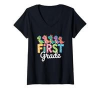 Womens Kawaii Dinosaur First Grade Back to School V-Neck T-Shirt