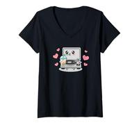 Women's Kawaii DJ Turntable Drinking Bubble Tea V-Neck T-Shirt