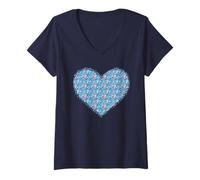 Women's Kawaii Doodle Cat Fish Bone Denim Blue Fun Pattern V-Neck T-Shirt